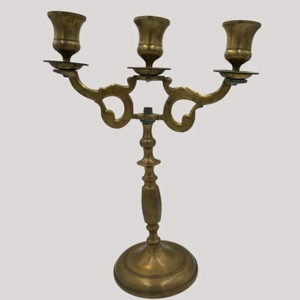 Antique Brass Candelabra 3 Arm Taper Candle‎ Holder Ornate Tabletop Decor